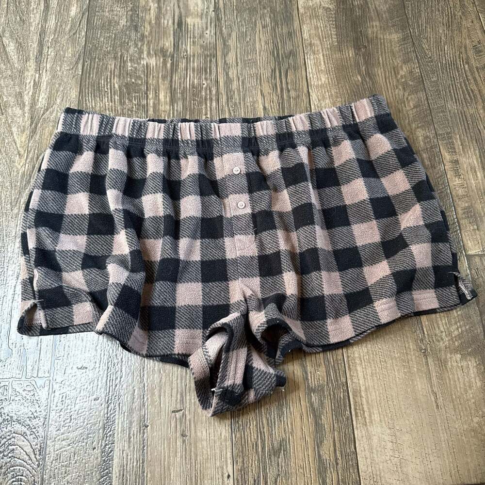 PINK Victoria's Secret Black and Beige Plaid Fleece Sleep Boxer Shorts XL